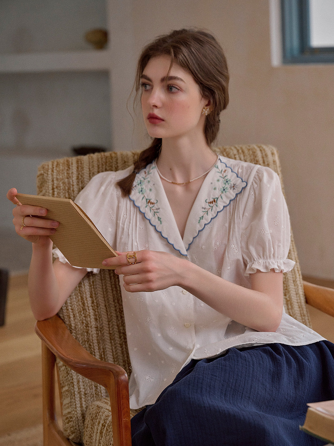 Lainey V-Neck Embroidery 100% Cotton Blouse