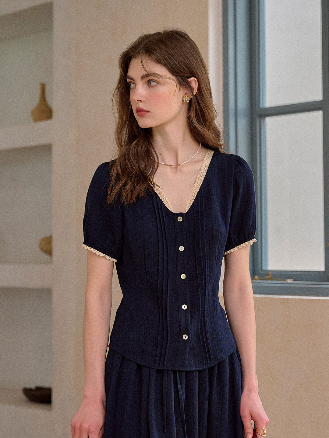 Madelyn V-Neck Lace Linen Top