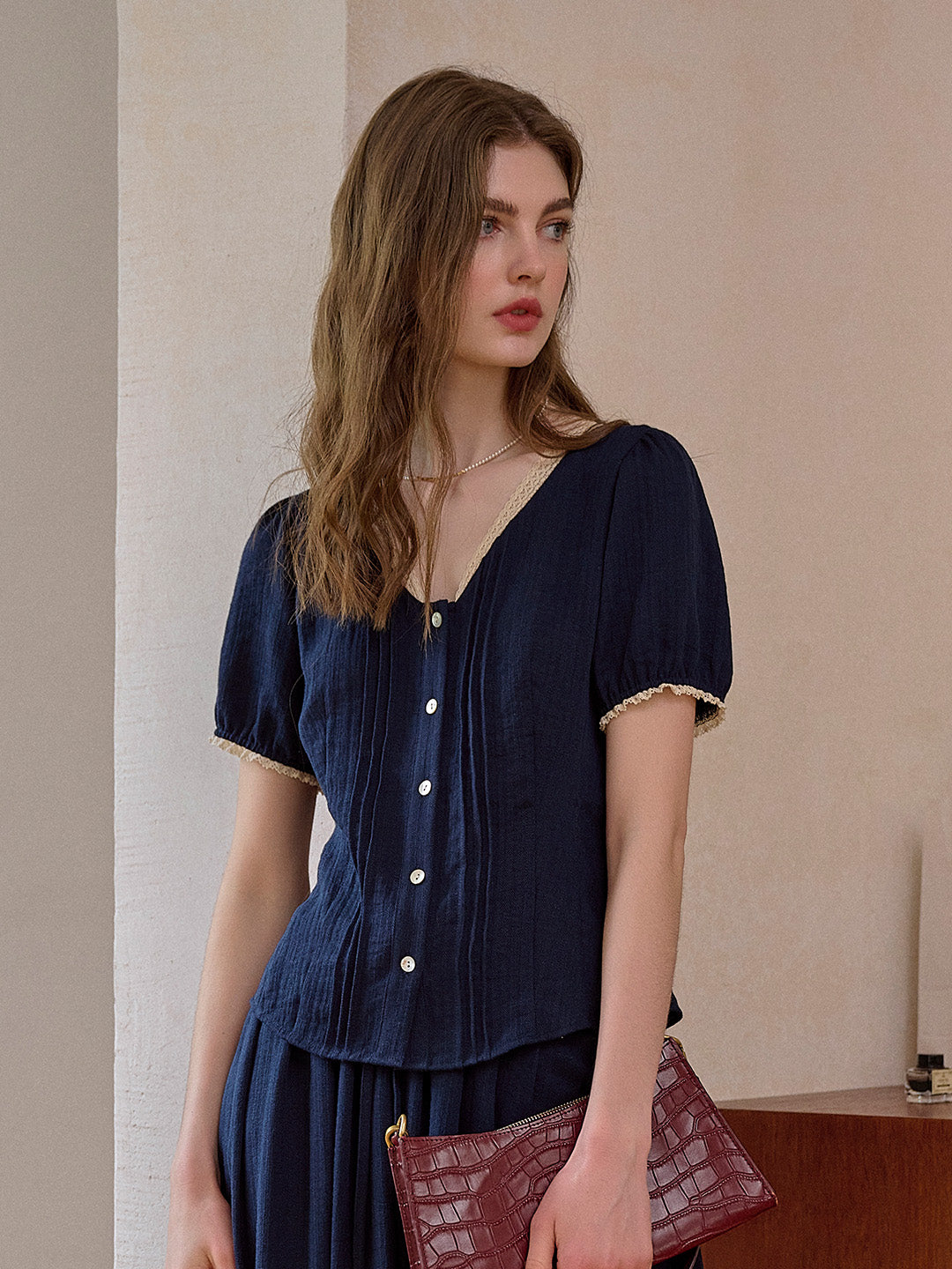 Madelyn V-Neck Lace Linen Top