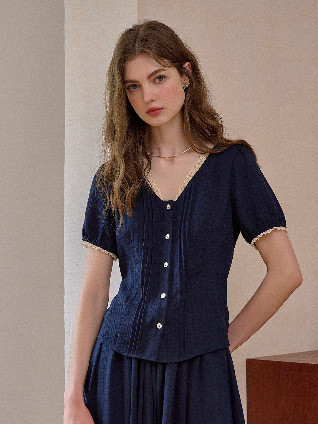 Madelyn V-Neck Lace Linen Top