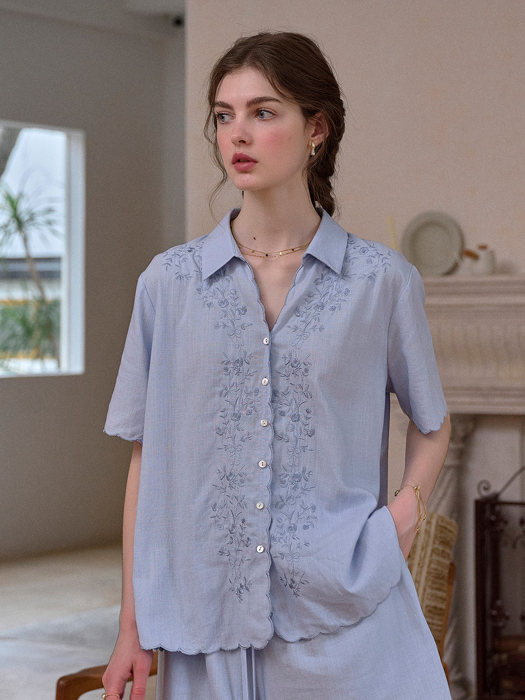 Everly Lapel Wave Embroidery Viscose Linen Blouse