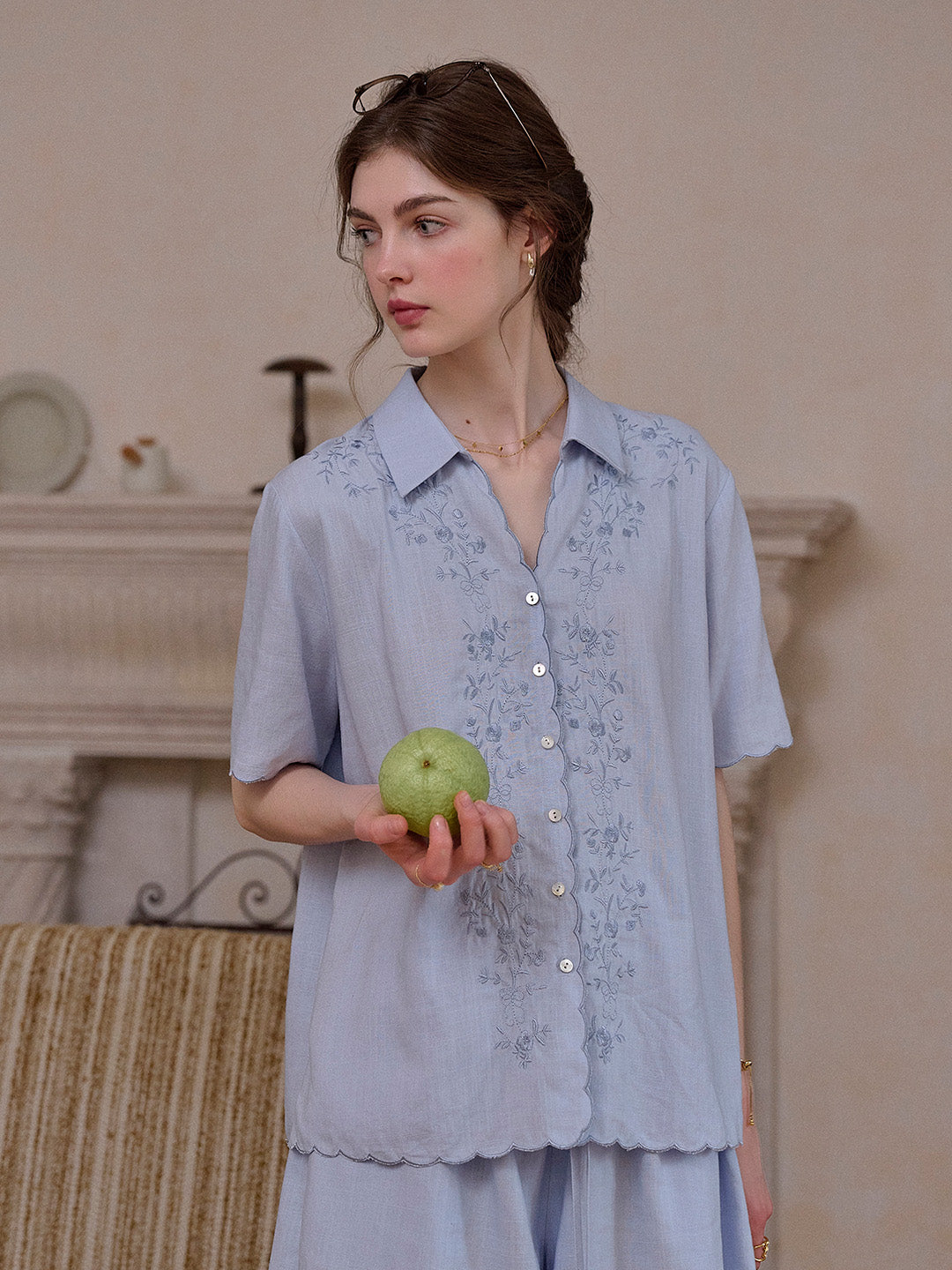 Everly Lapel Wave Embroidery Viscose Linen Blouse