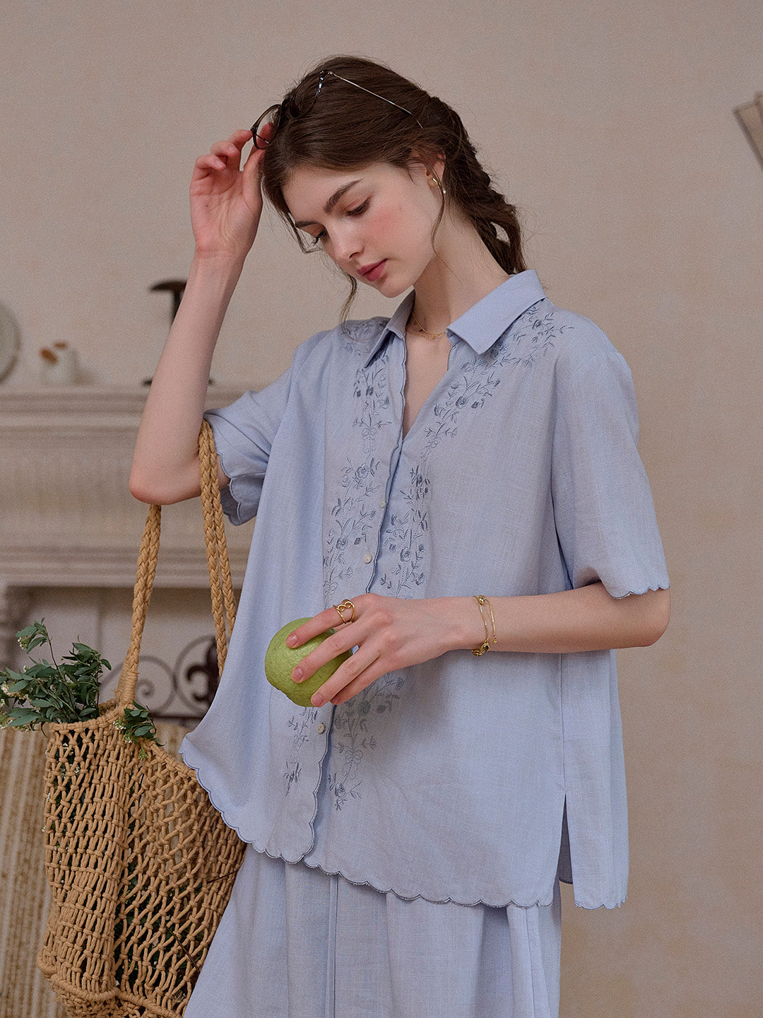 Everly Lapel Wave Embroidery Viscose Linen Blouse