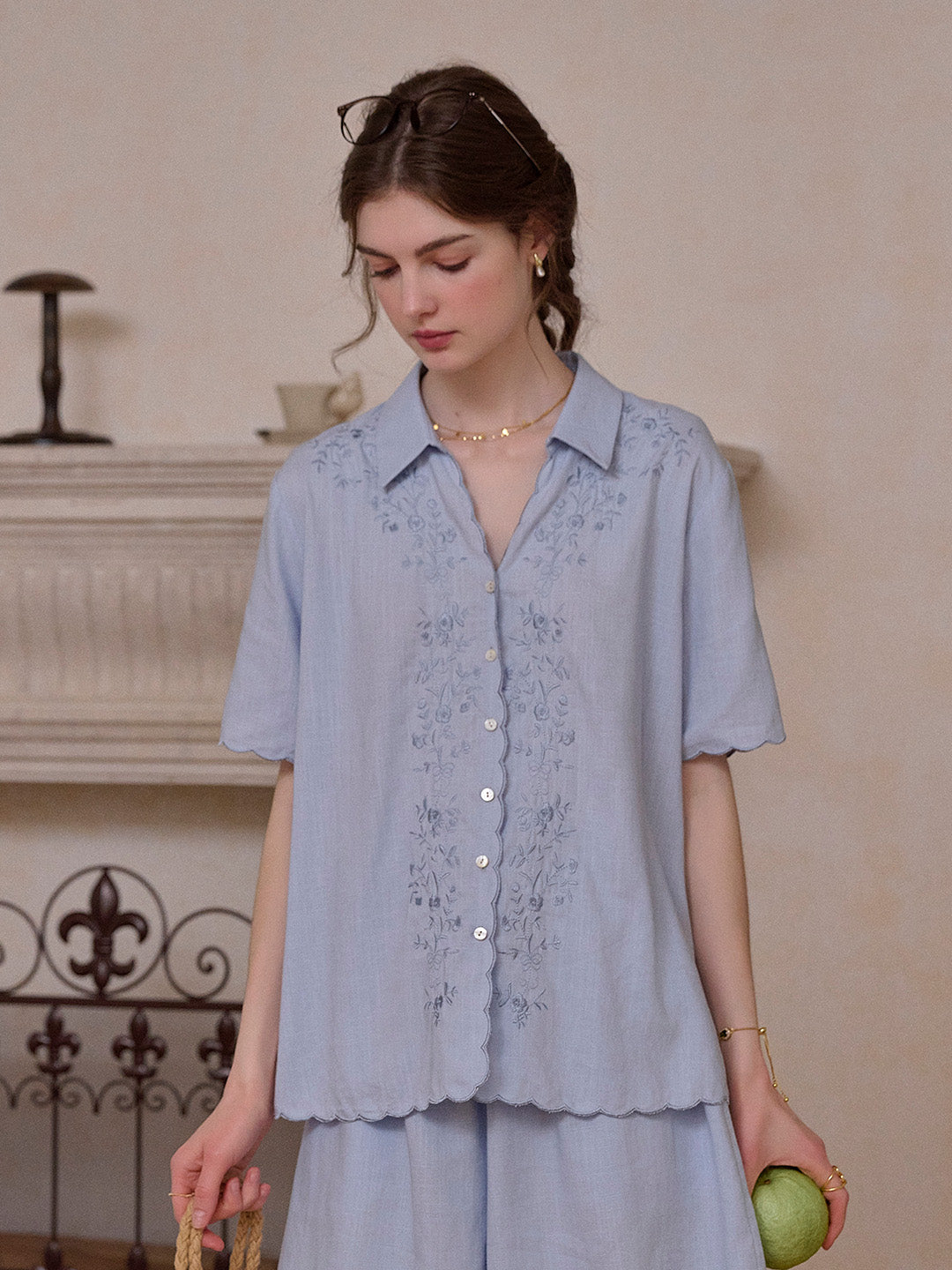 Everly Lapel Wave Embroidery Viscose Linen Blouse