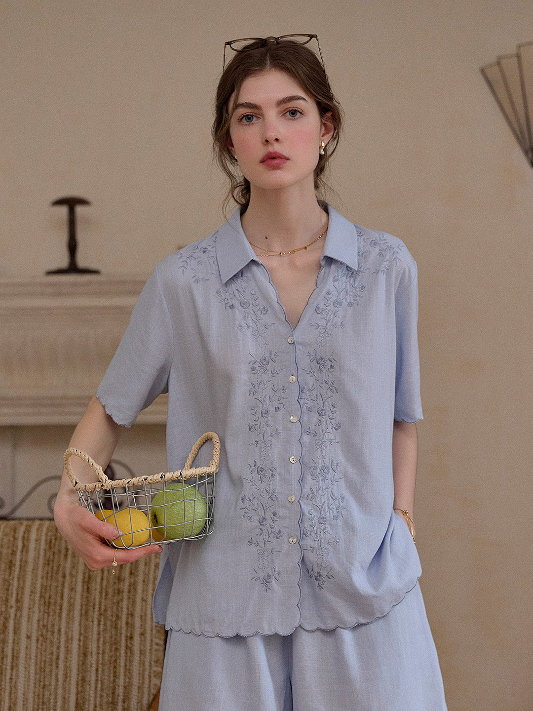 Everly Lapel Wave Embroidery Viscose Linen Blouse