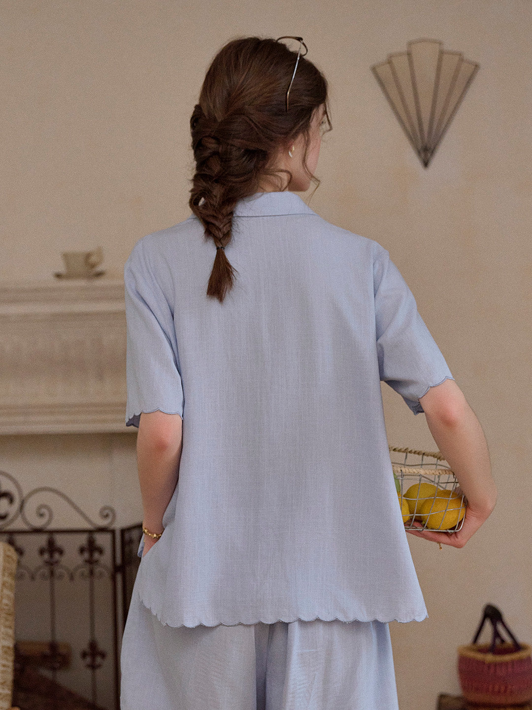 Everly Lapel Wave Embroidery Viscose Linen Blouse