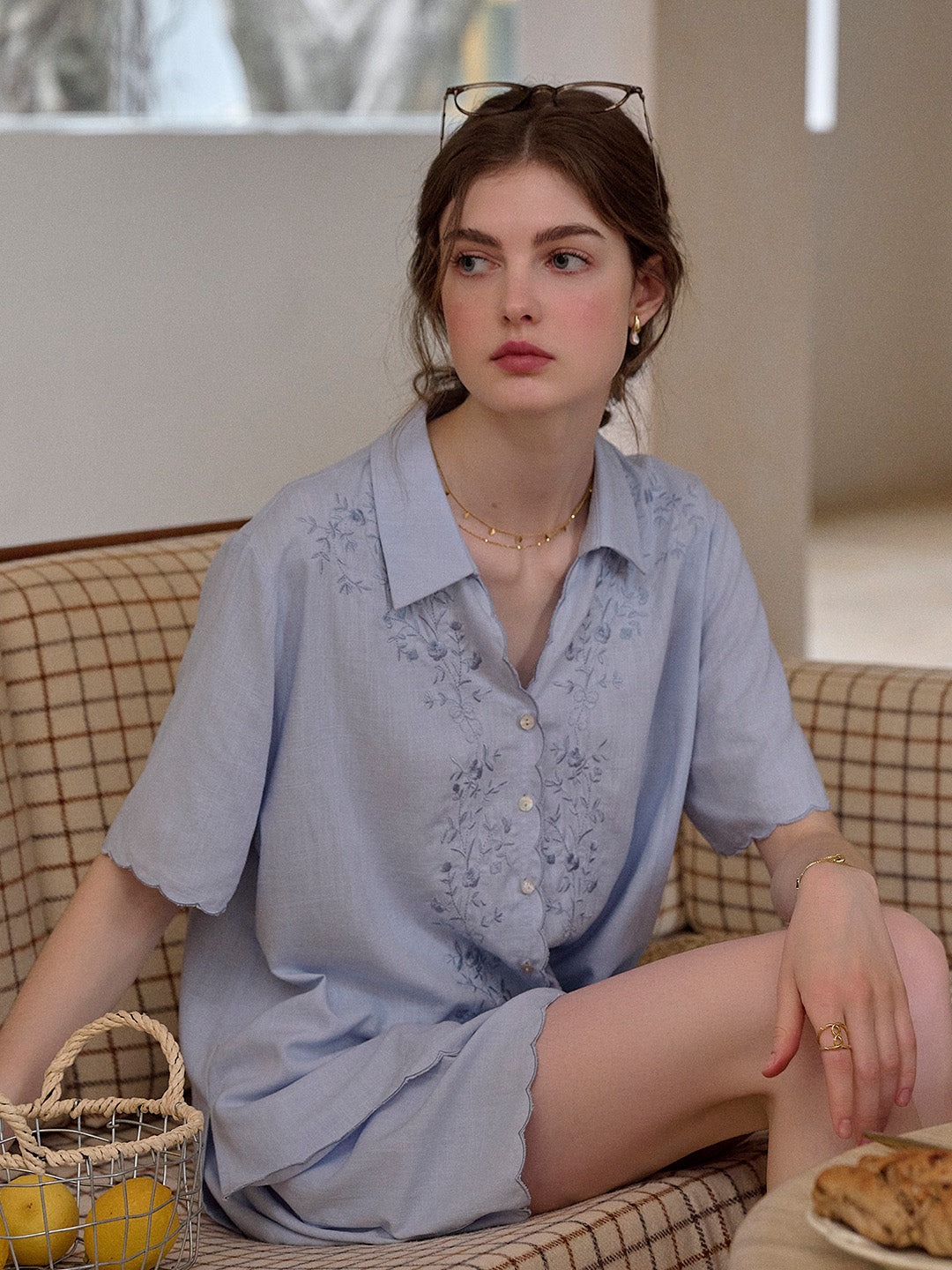 Everly Lapel Wave Embroidery Viscose Linen Blouse