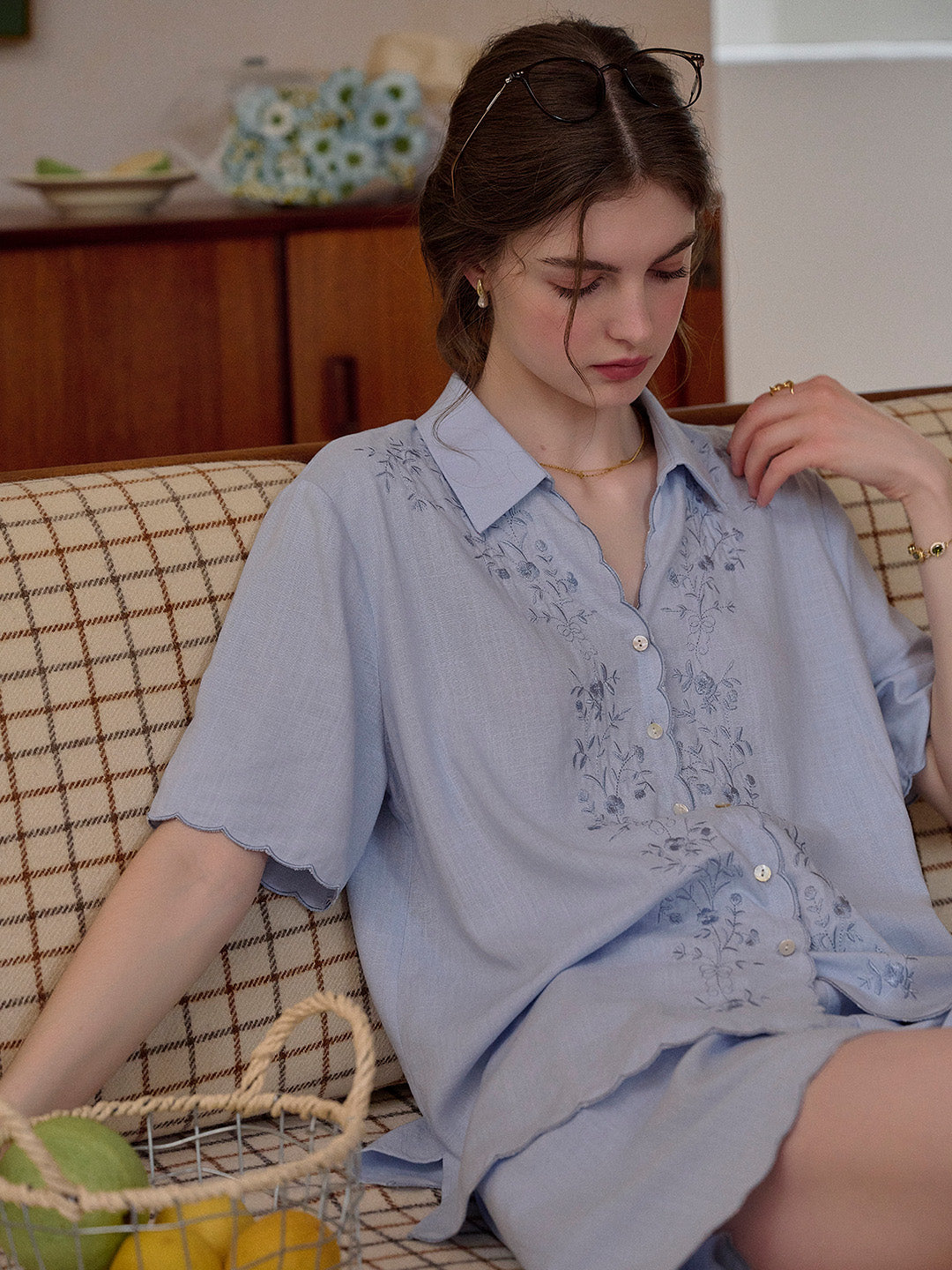 Everly Lapel Wave Embroidery Viscose Linen Blouse