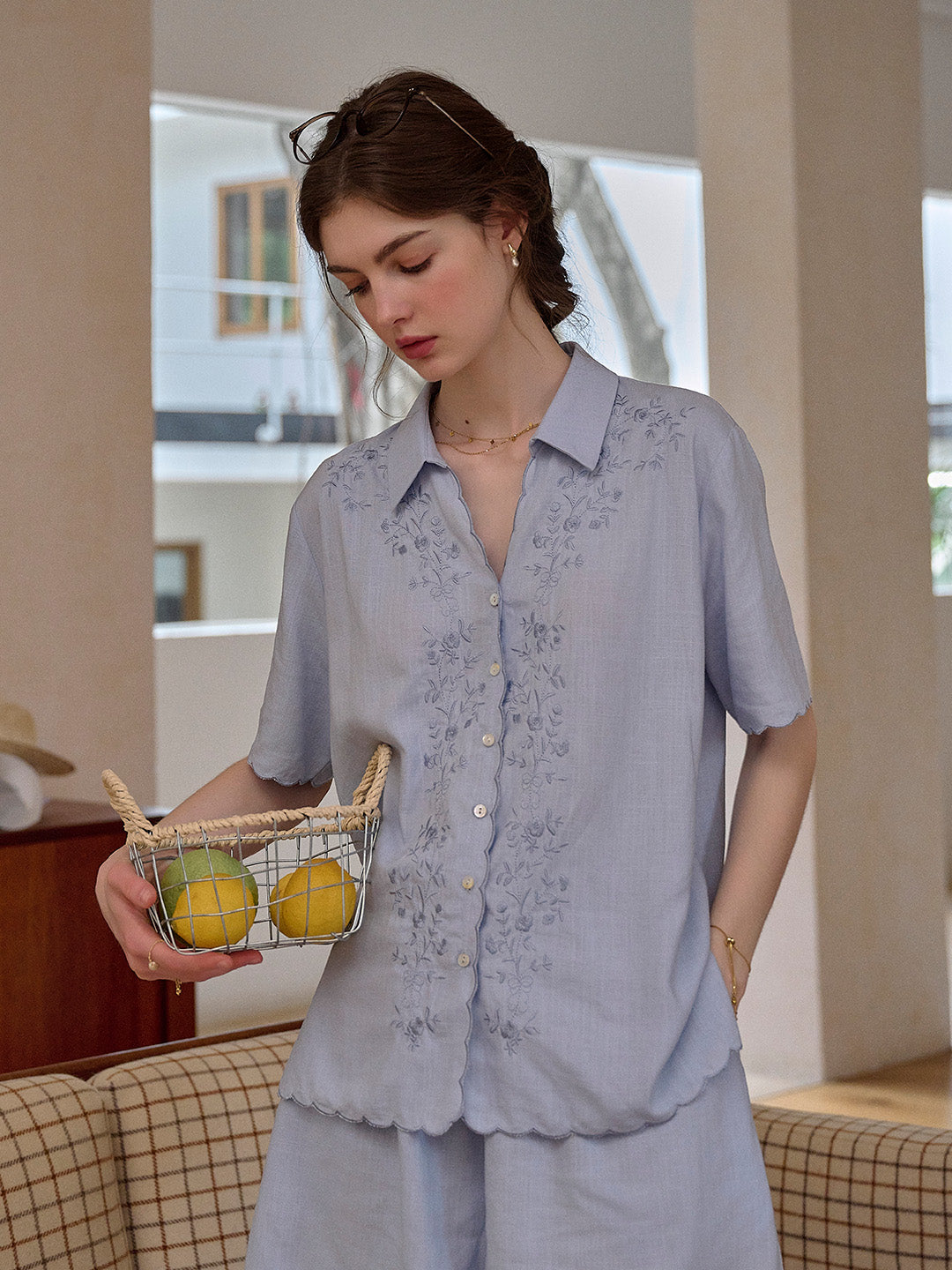 Everly Lapel Wave Embroidery Viscose Linen Blouse