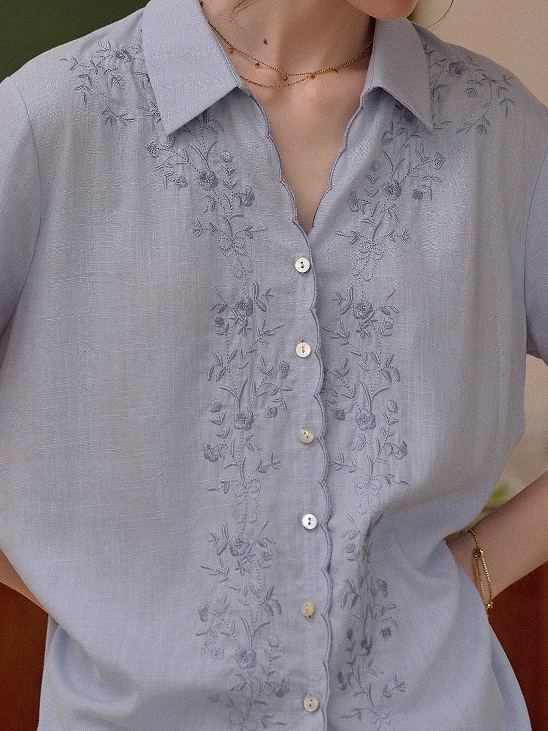 Everly Lapel Wave Embroidery Viscose Linen Blouse