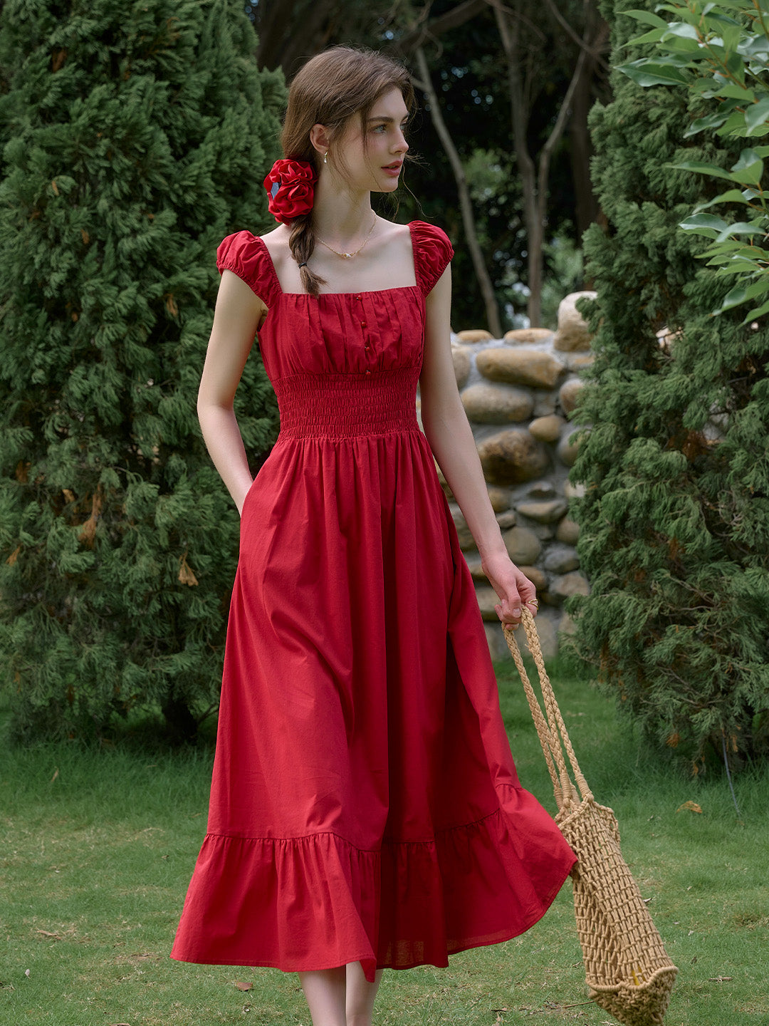 Lucy Square Neck Puff Sleeves 100% Cotton Dress