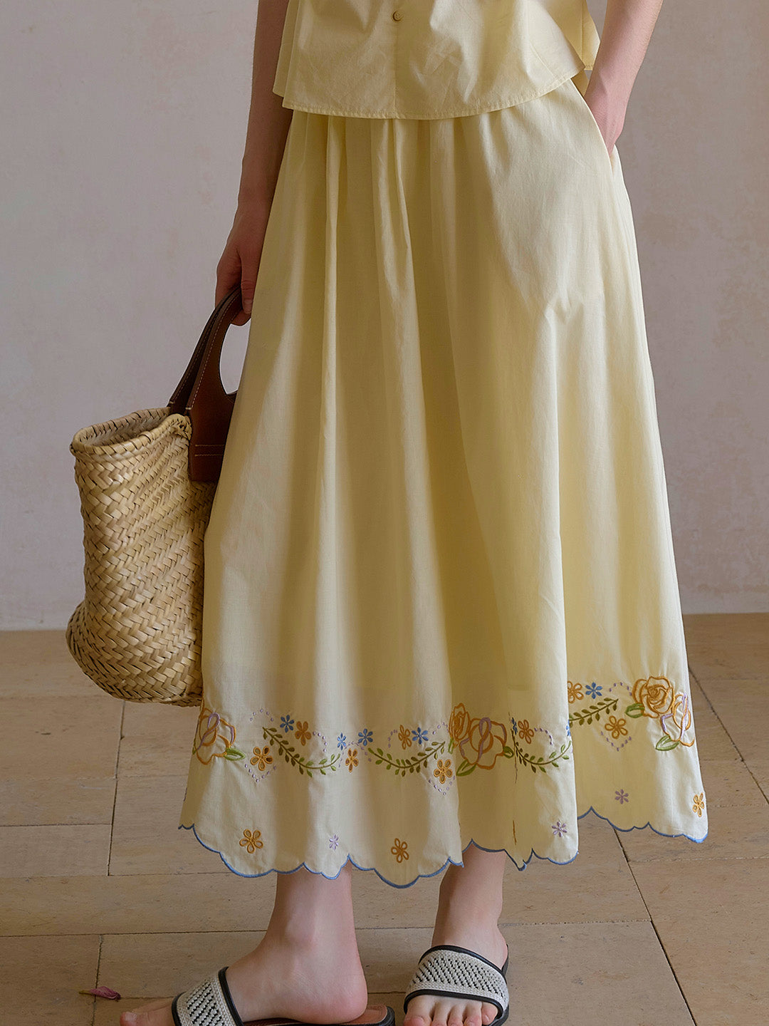 Women Summer Artsy Flower Embroidery 100 Ramie Skirt main image 1