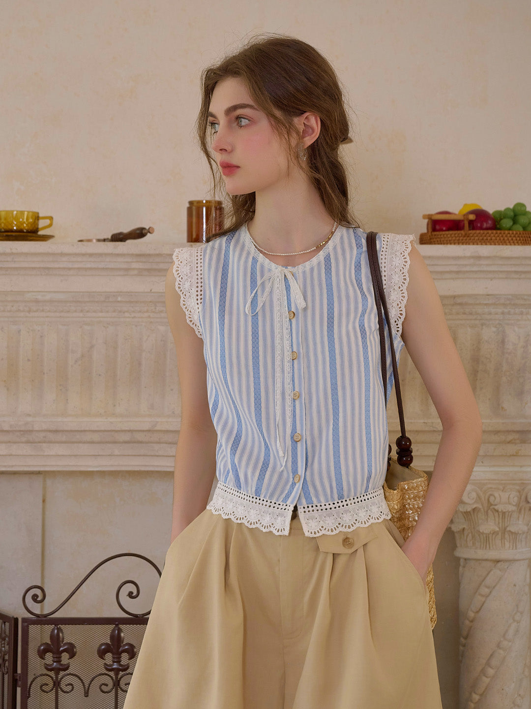 Bailey Round Neck Stripes Lace Top