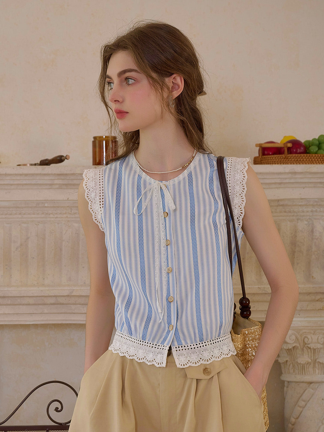 Bailey Round Neck Stripes Lace Top