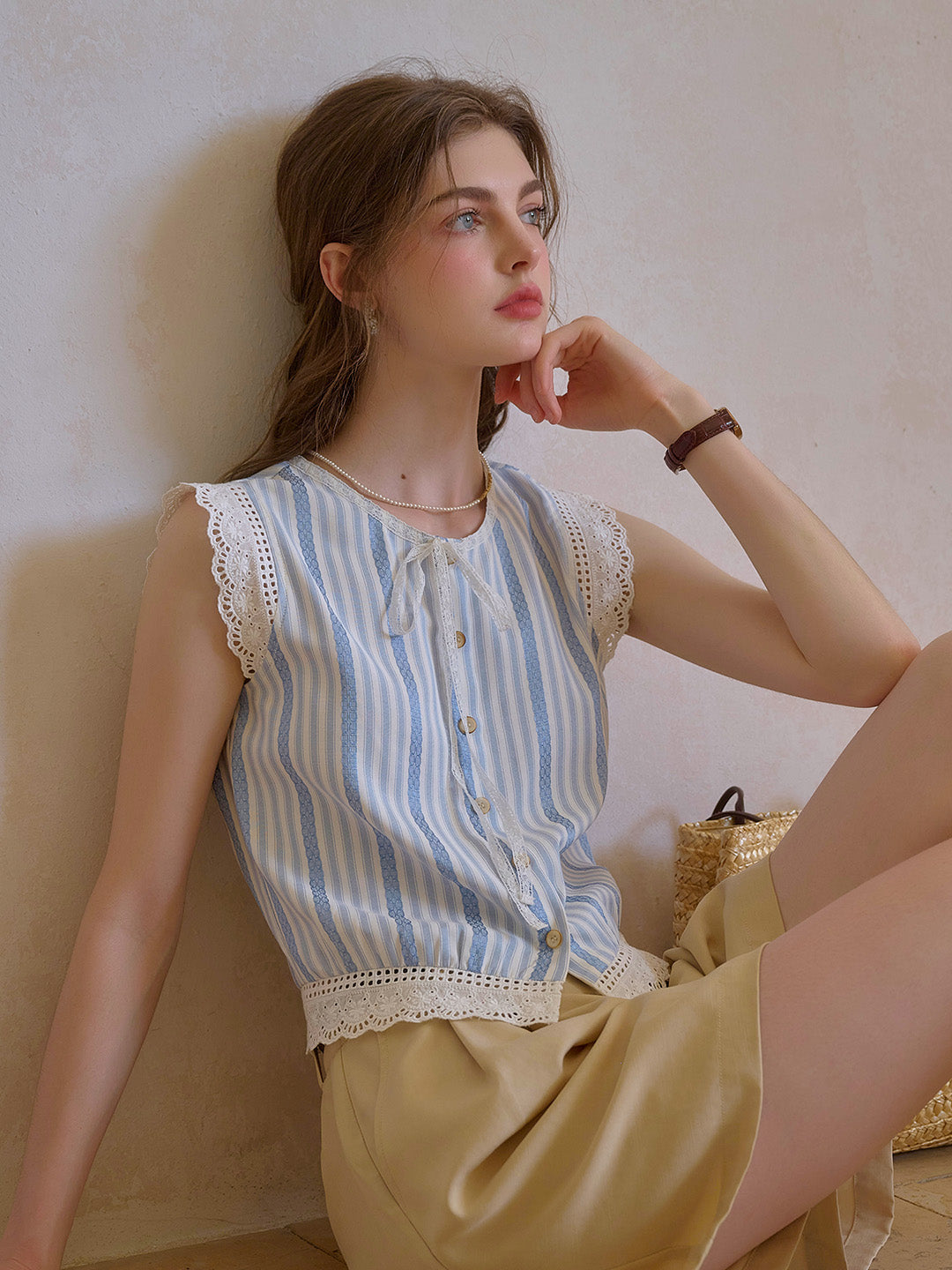 Bailey Round Neck Stripes Lace Top