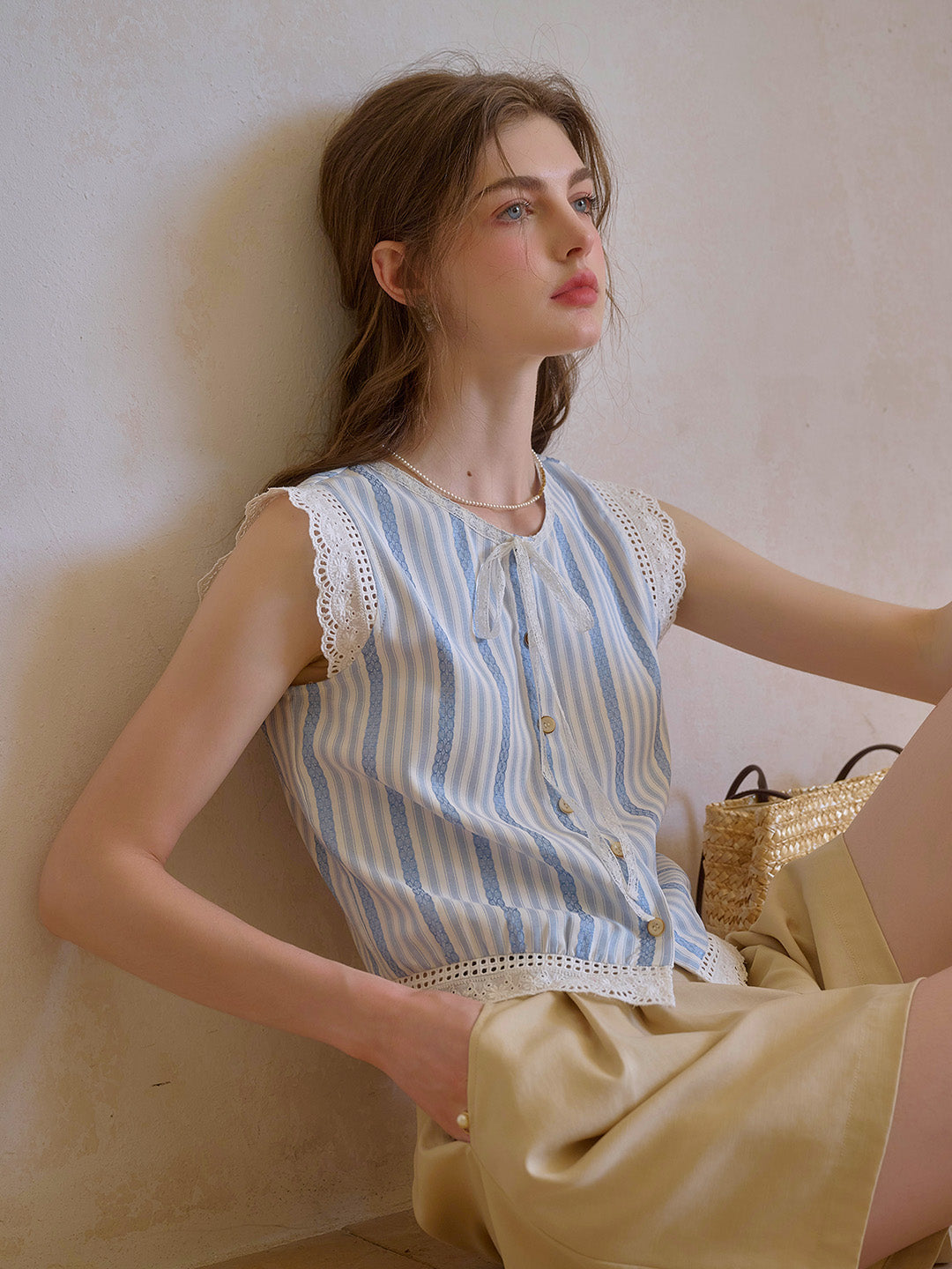 Bailey Round Neck Stripes Lace Top