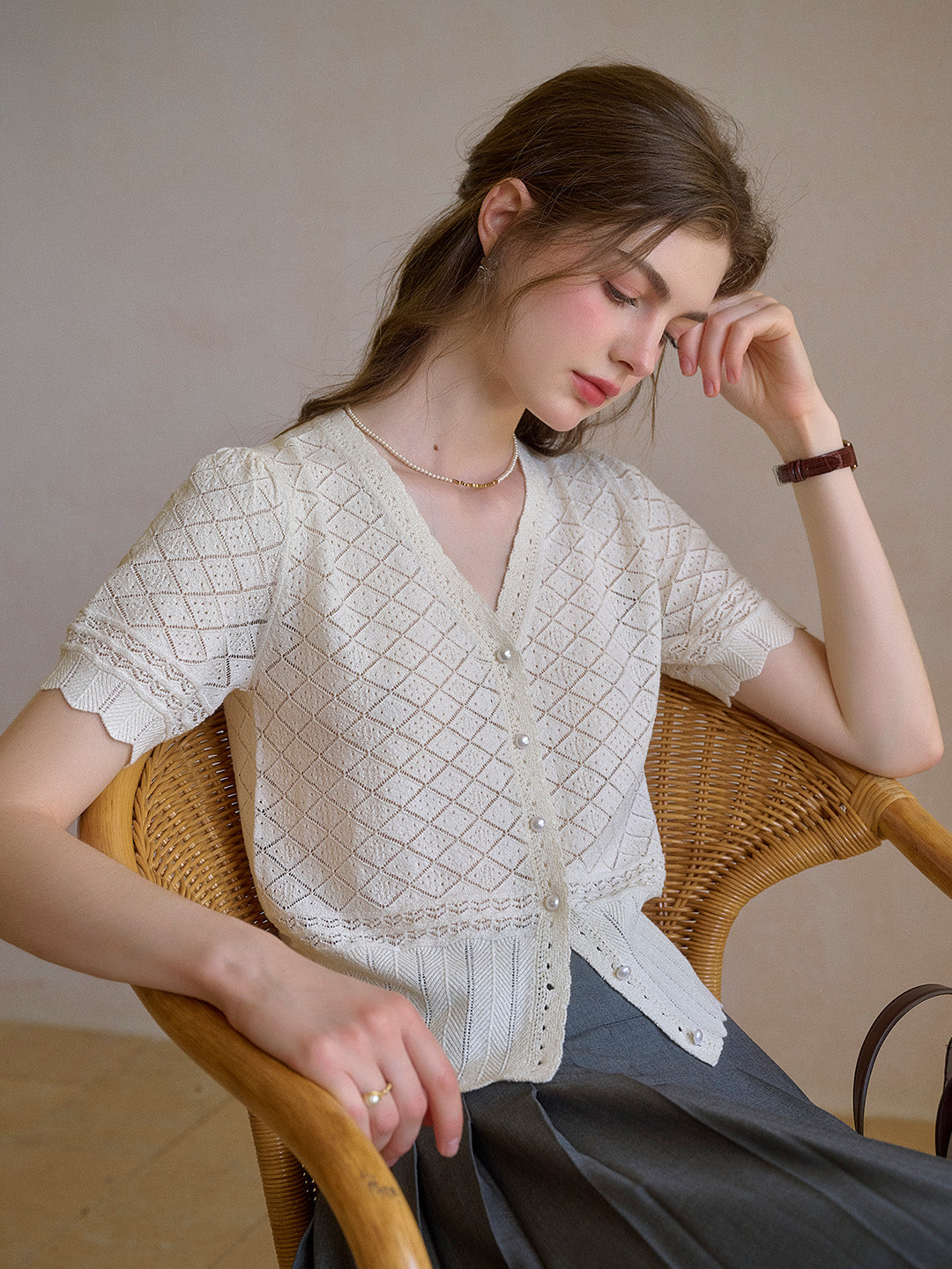 Lucia V-Neck Hollow Cotton Cardigan