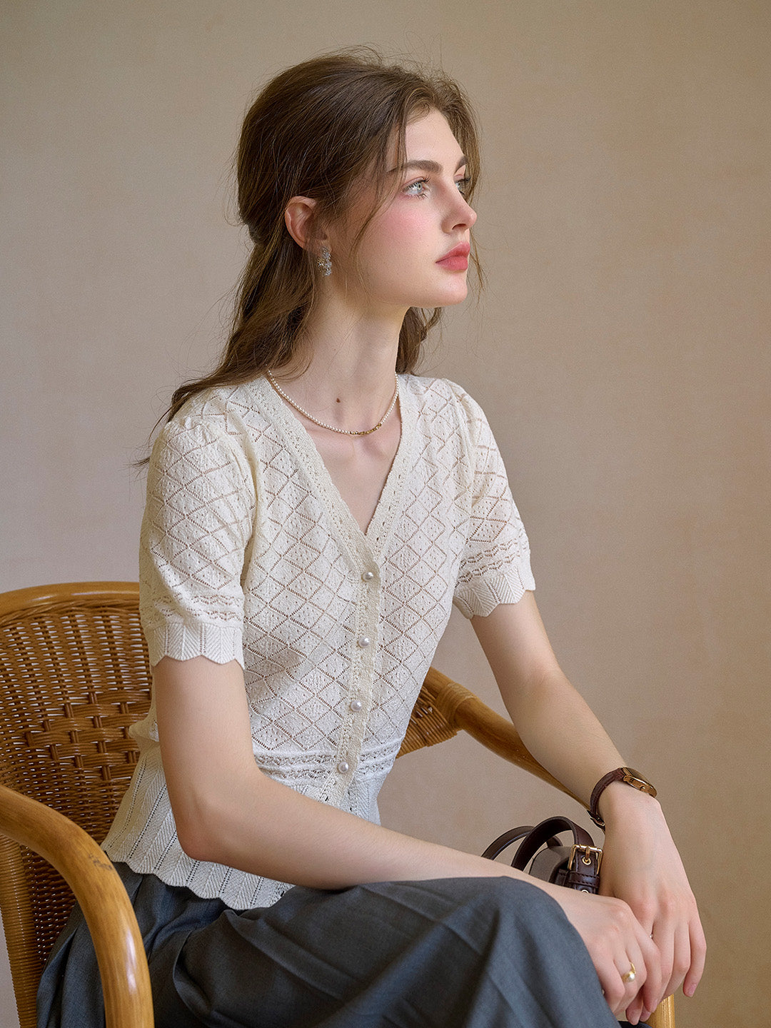 Lucia V-Neck Hollow Cotton Cardigan