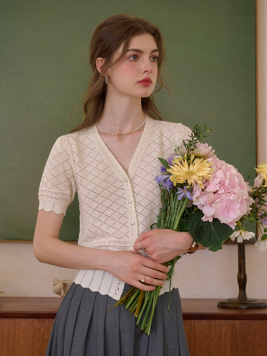 Lucia V-Neck Hollow Cotton Cardigan