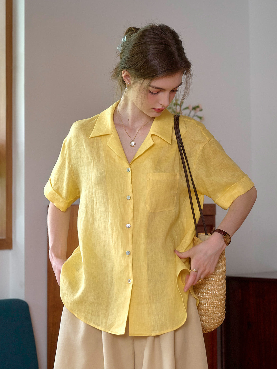 Julia Lapel Pocket 100% Linen Blouse