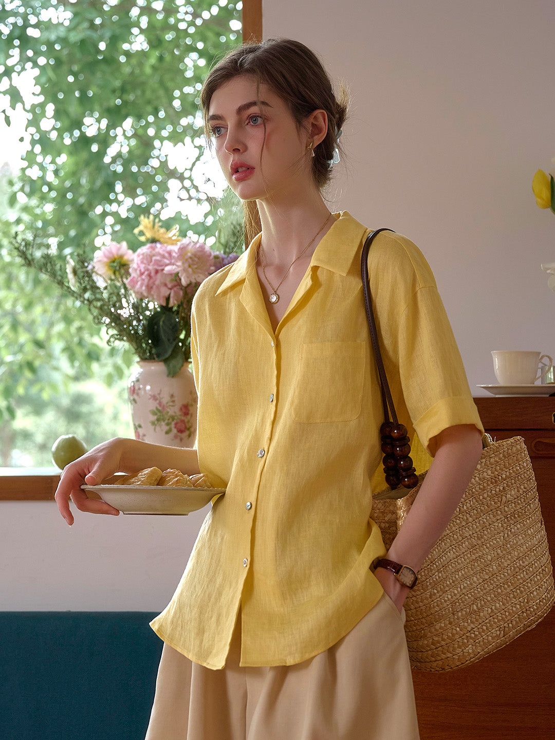 Julia Lapel Pocket 100% Linen Blouse