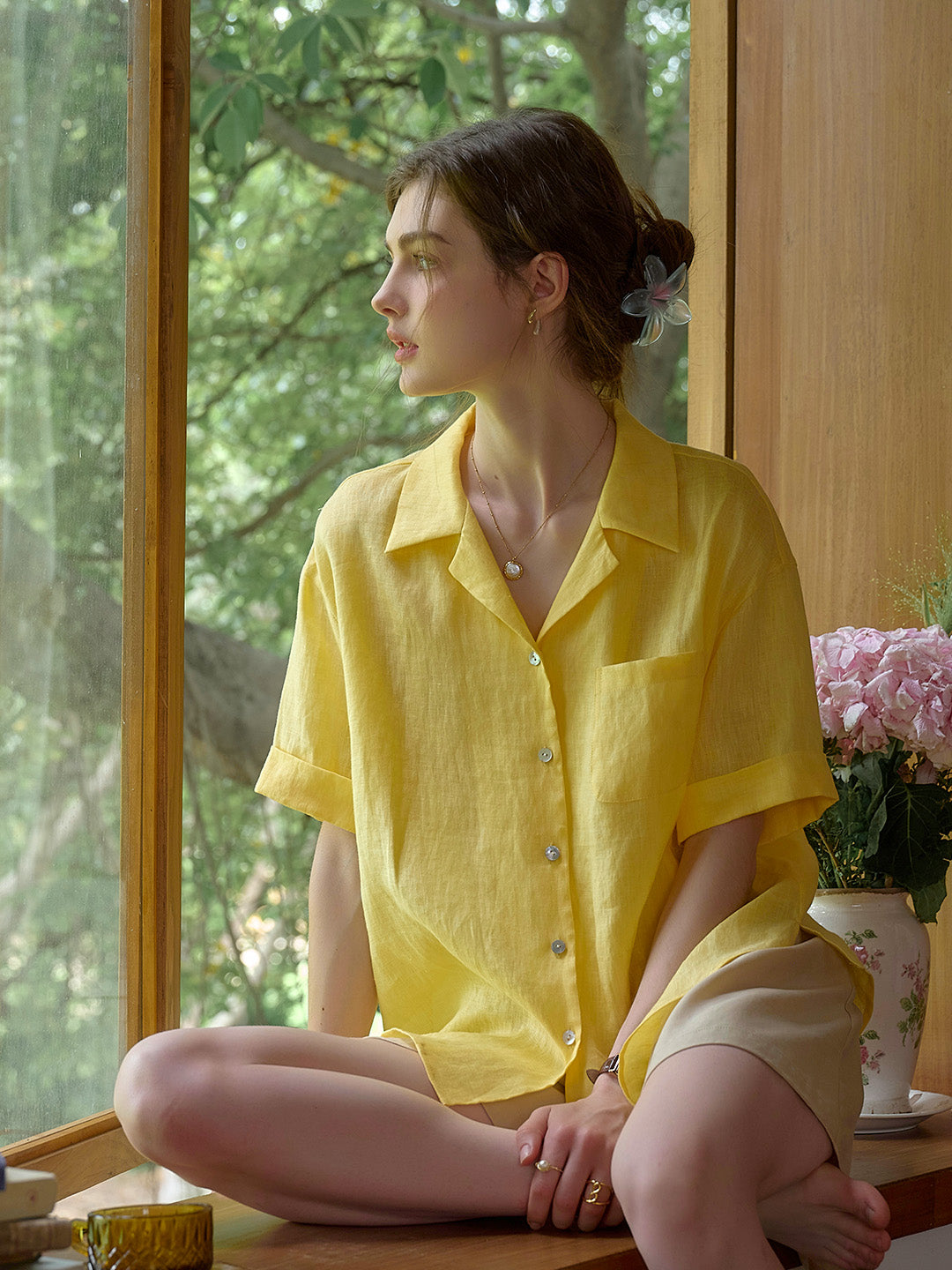 Julia Lapel Pocket 100% Linen Blouse