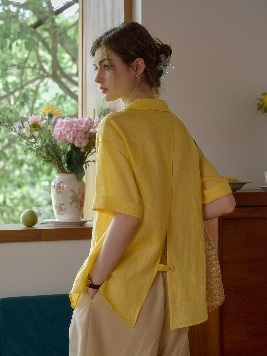 Julia Lapel Pocket 100% Linen Blouse