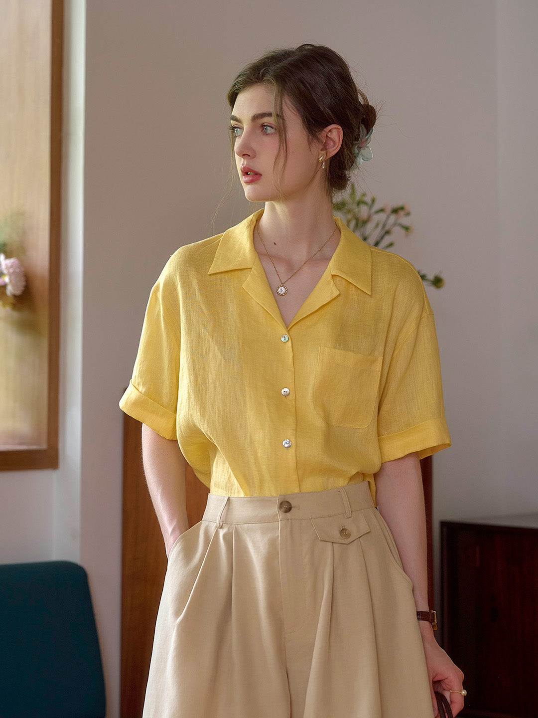 Julia Lapel Pocket 100% Linen Blouse