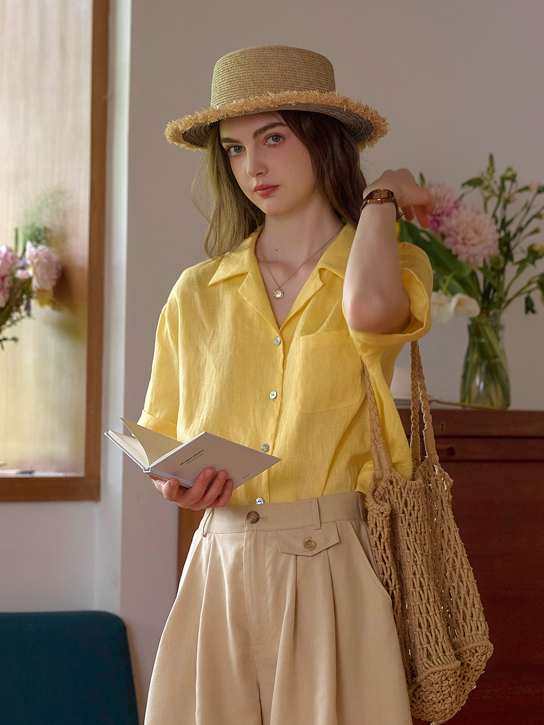 Julia Lapel Pocket 100% Linen Blouse
