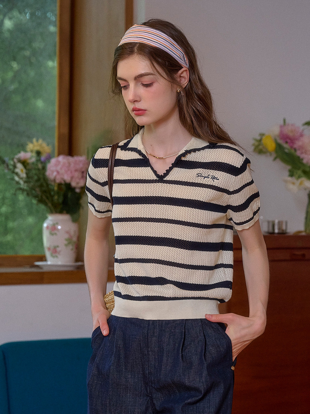 Eva V-Neck SR Logo Stripe 100% Cotton Top