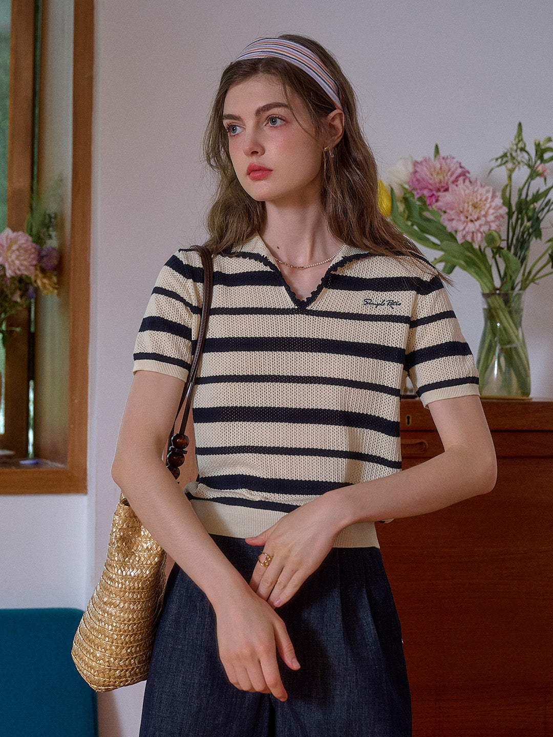Eva V-Neck SR Logo Stripe 100% Cotton Top