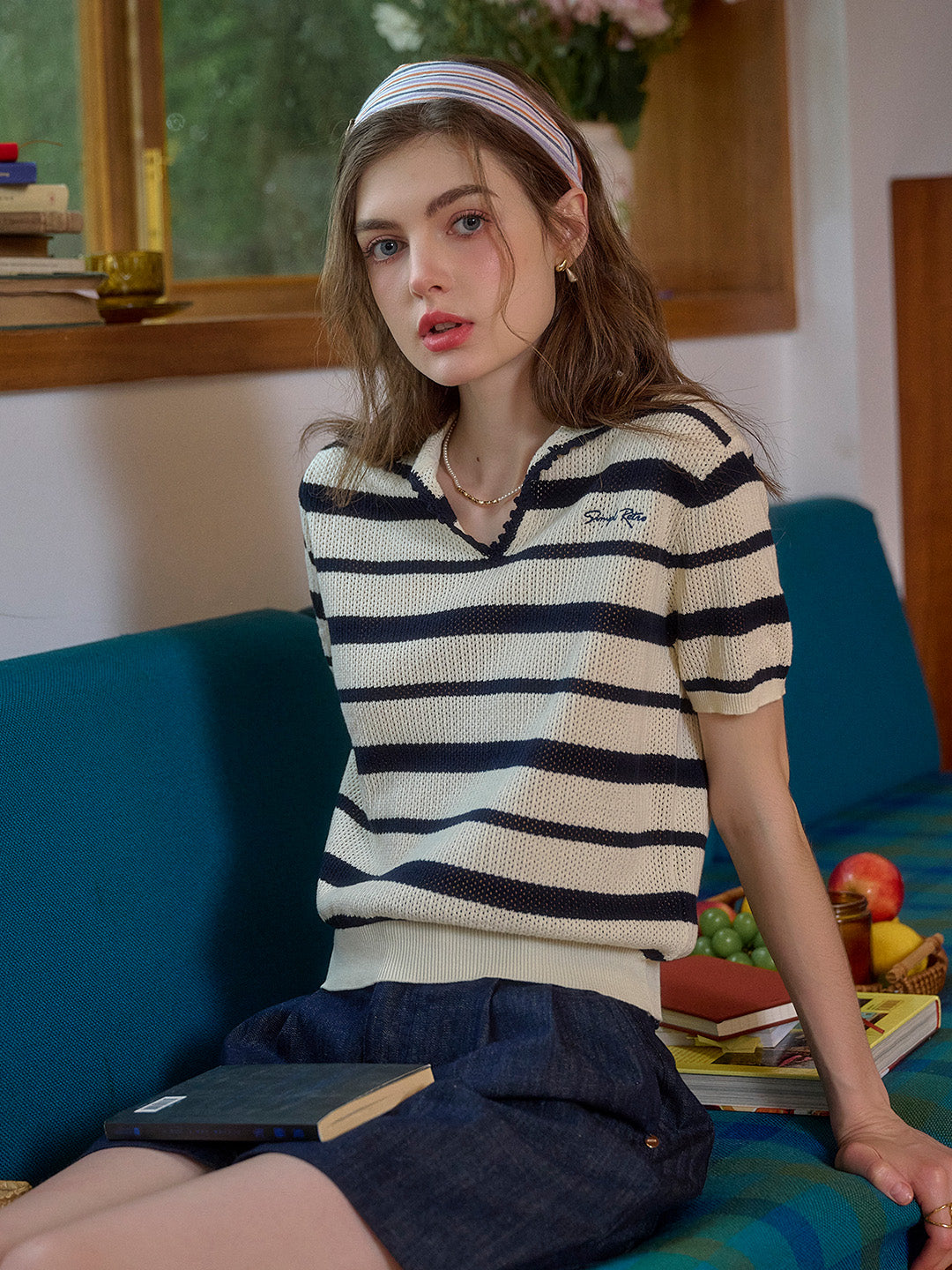 Eva V-Neck SR Logo Stripe 100% Cotton Top