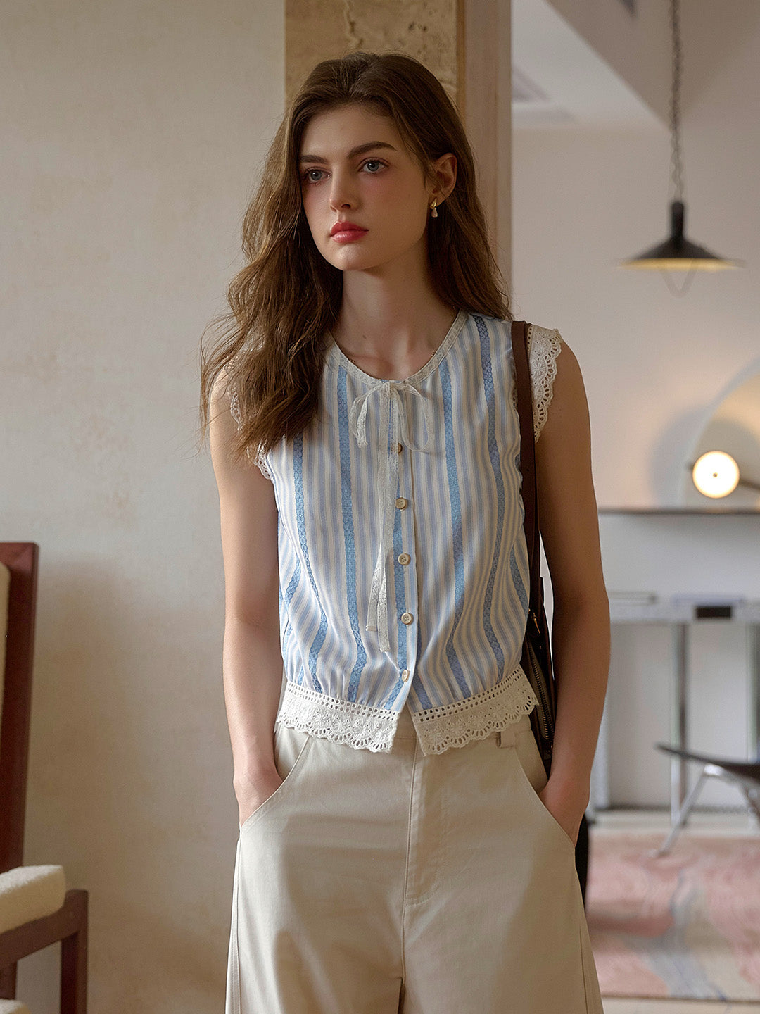 Bailey Round Neck Stripes Lace Top