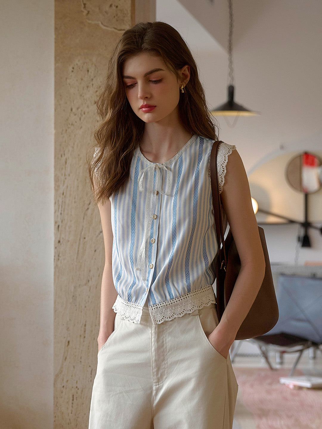 Bailey Round Neck Stripes Lace Top
