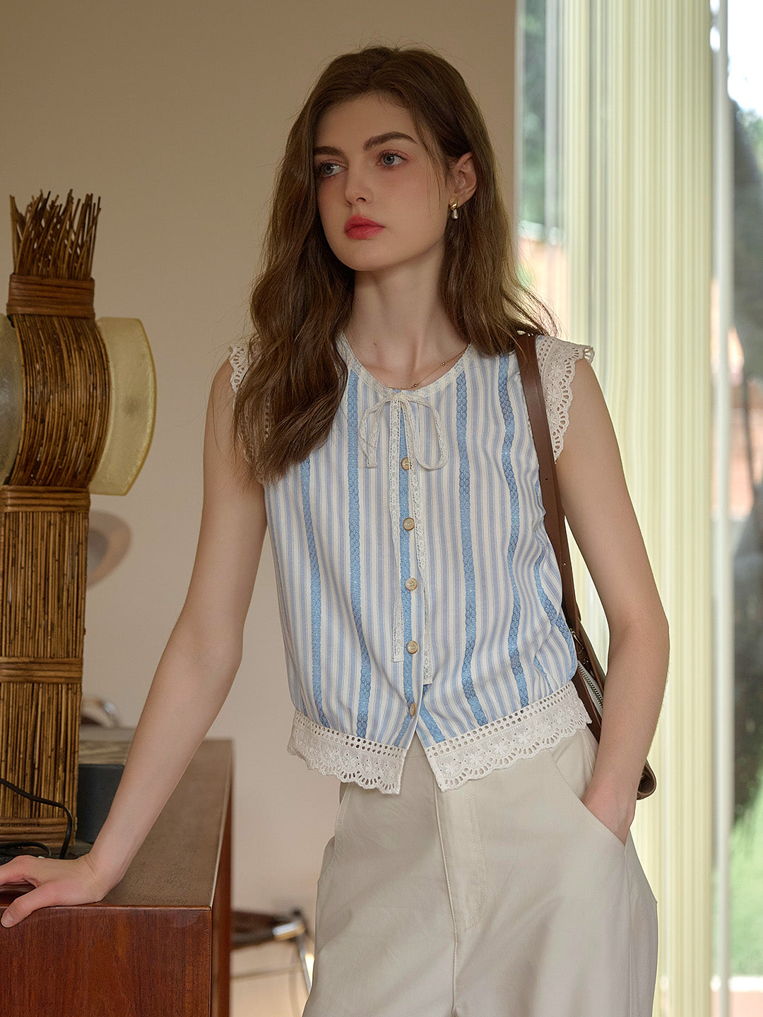 Bailey Round Neck Stripes Lace Top