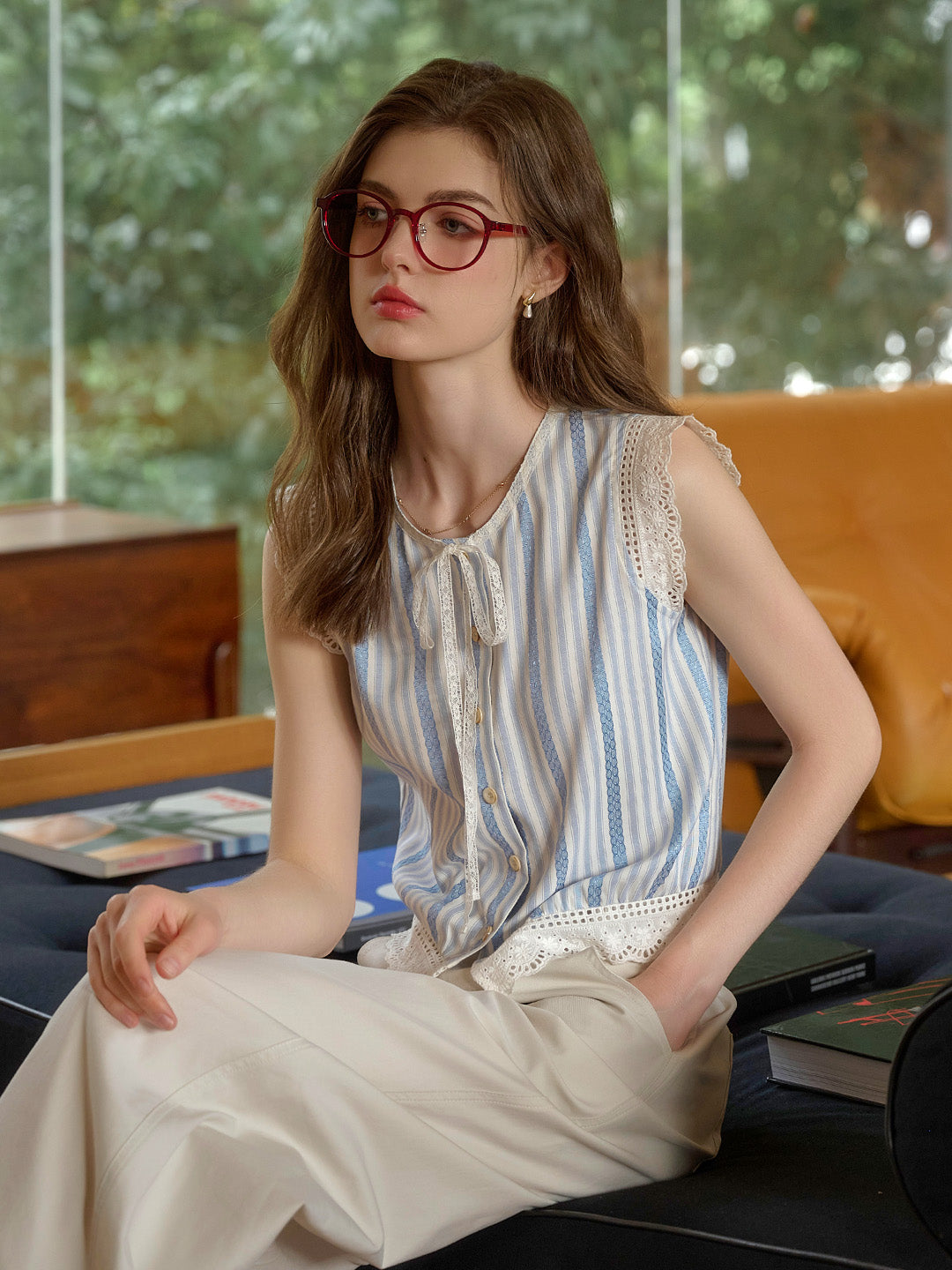 Bailey Round Neck Stripes Lace Top