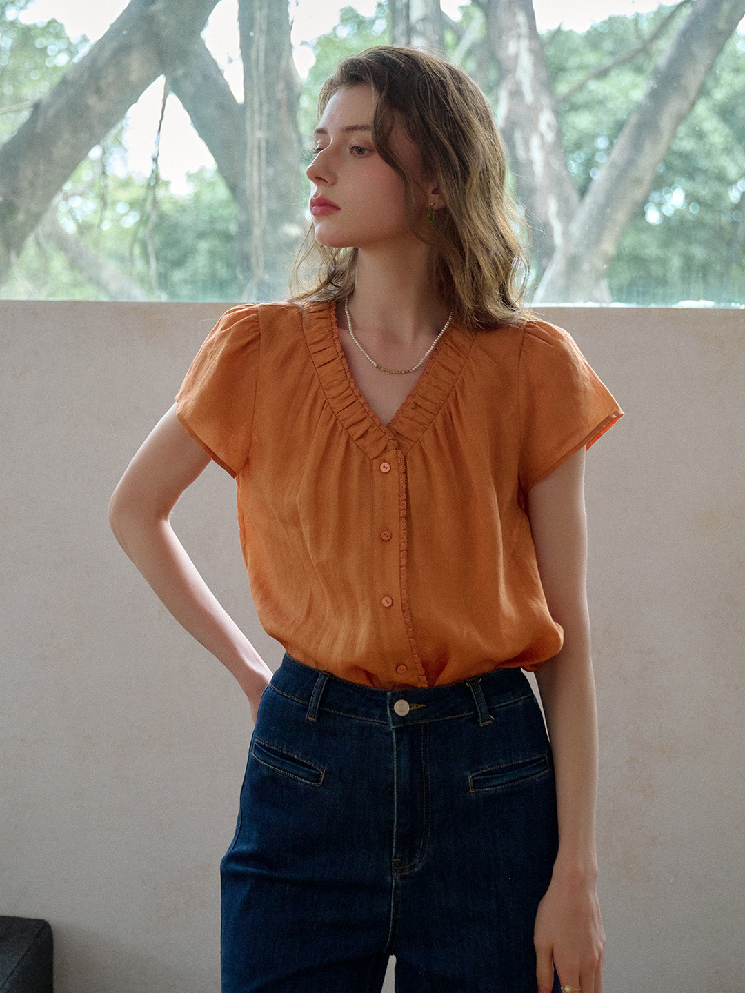 Angela V-Neck 100% Ramie Blouse