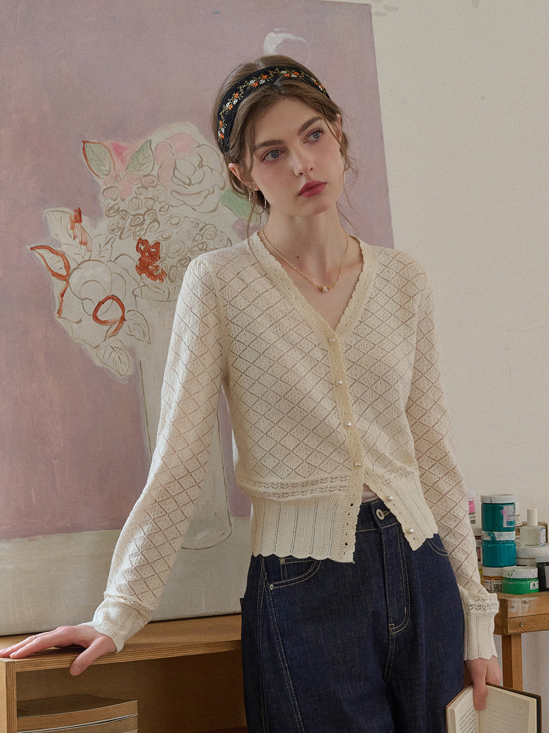 Raelyn V-Neck Texture Cotton Cardigan