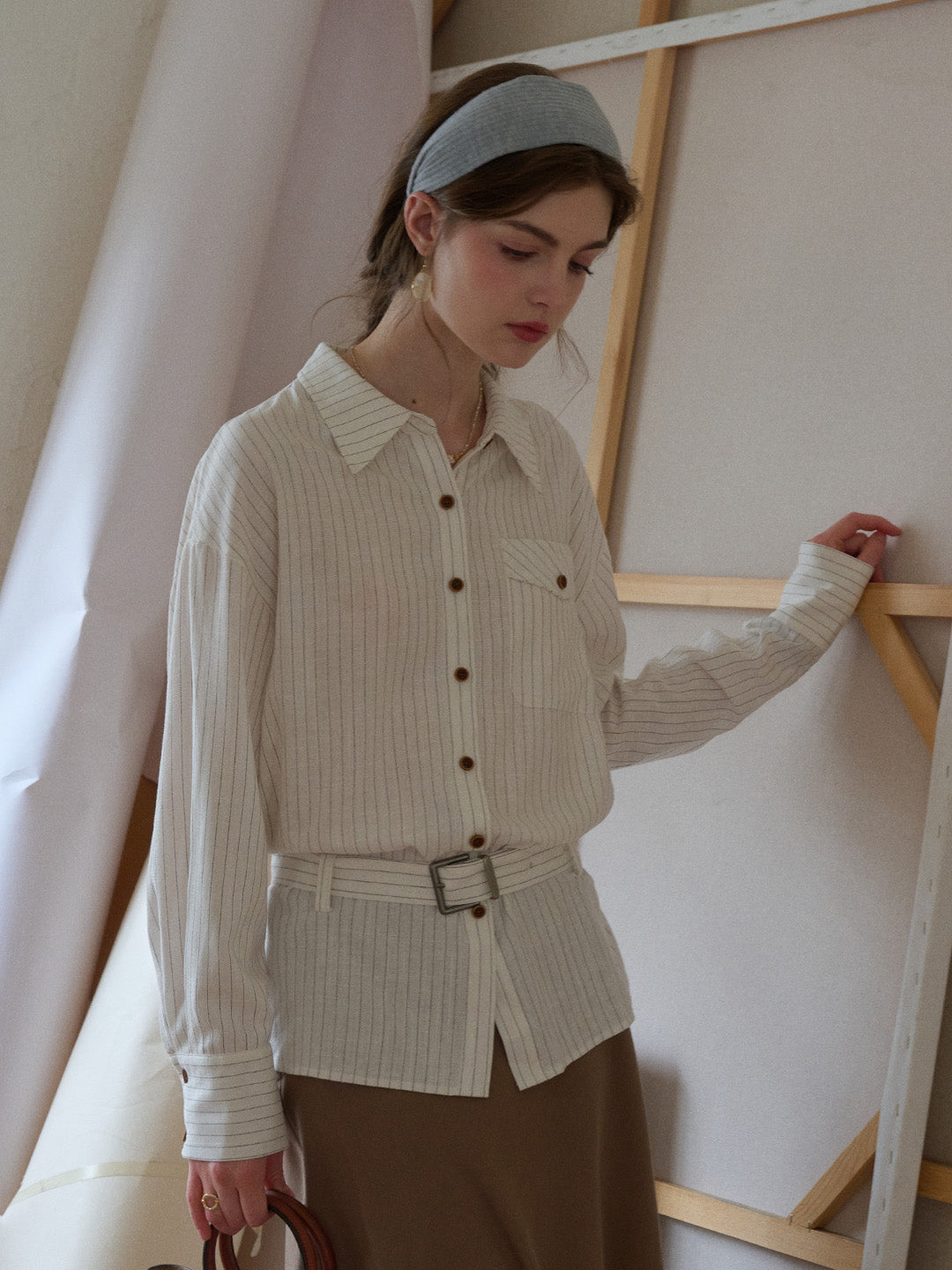 Mckenna Lapel Stripes Belt Linen Shirt