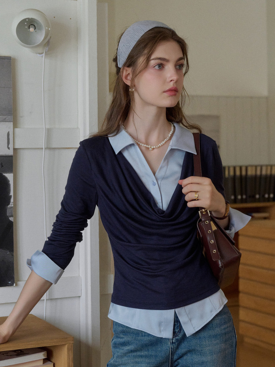 Rosie V-Neck Faux Layered Wool Lyocell Top