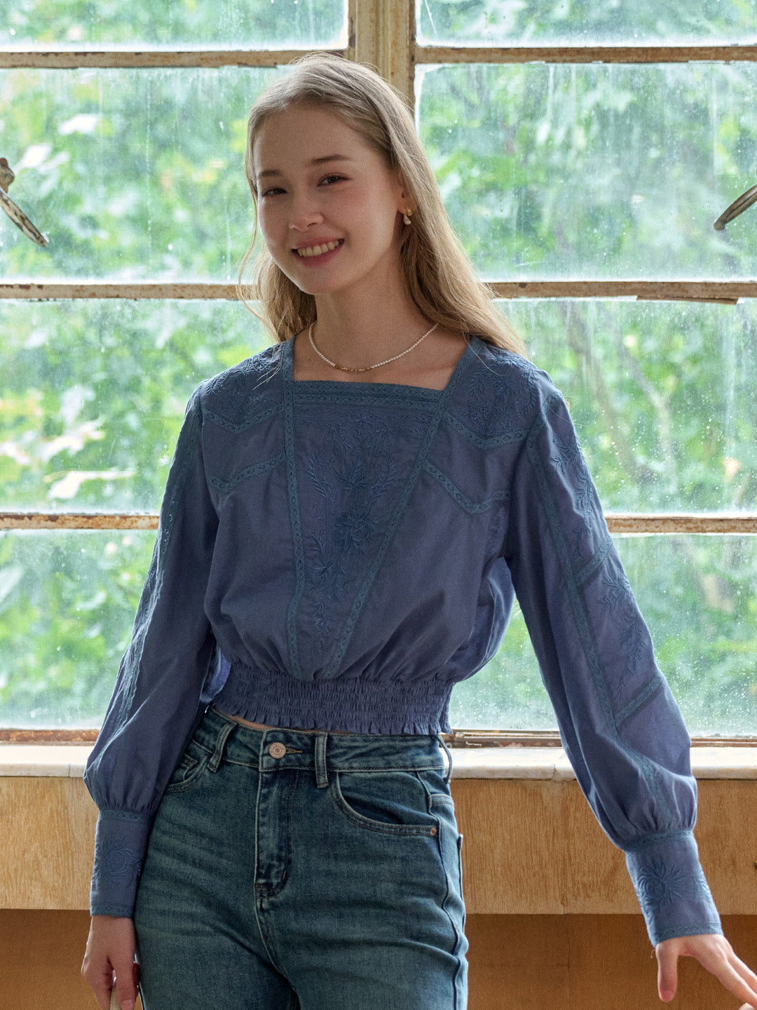 Oakley Square Neck Jacquard Lace Blue Blouse