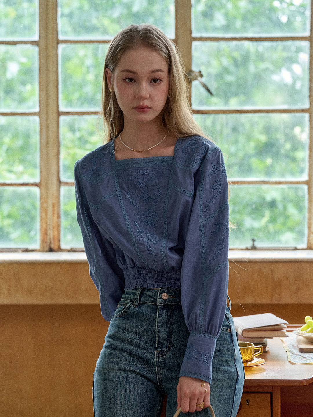 Oakley Square Neck Jacquard Lace Blue Blouse