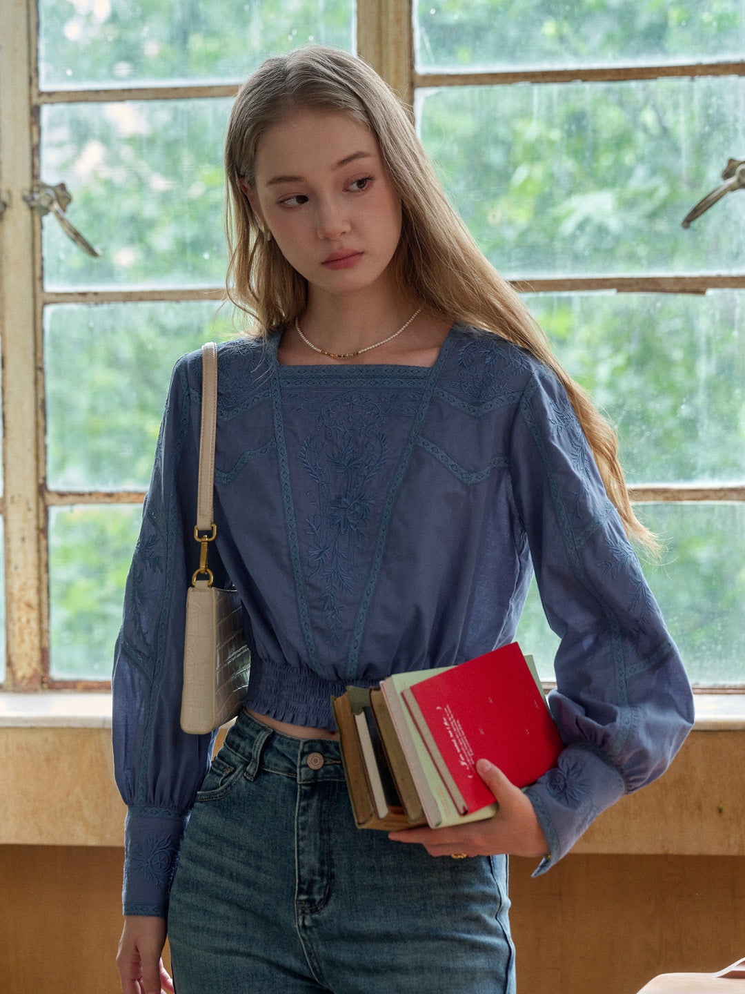 Oakley Square Neck Jacquard Lace Blue Blouse