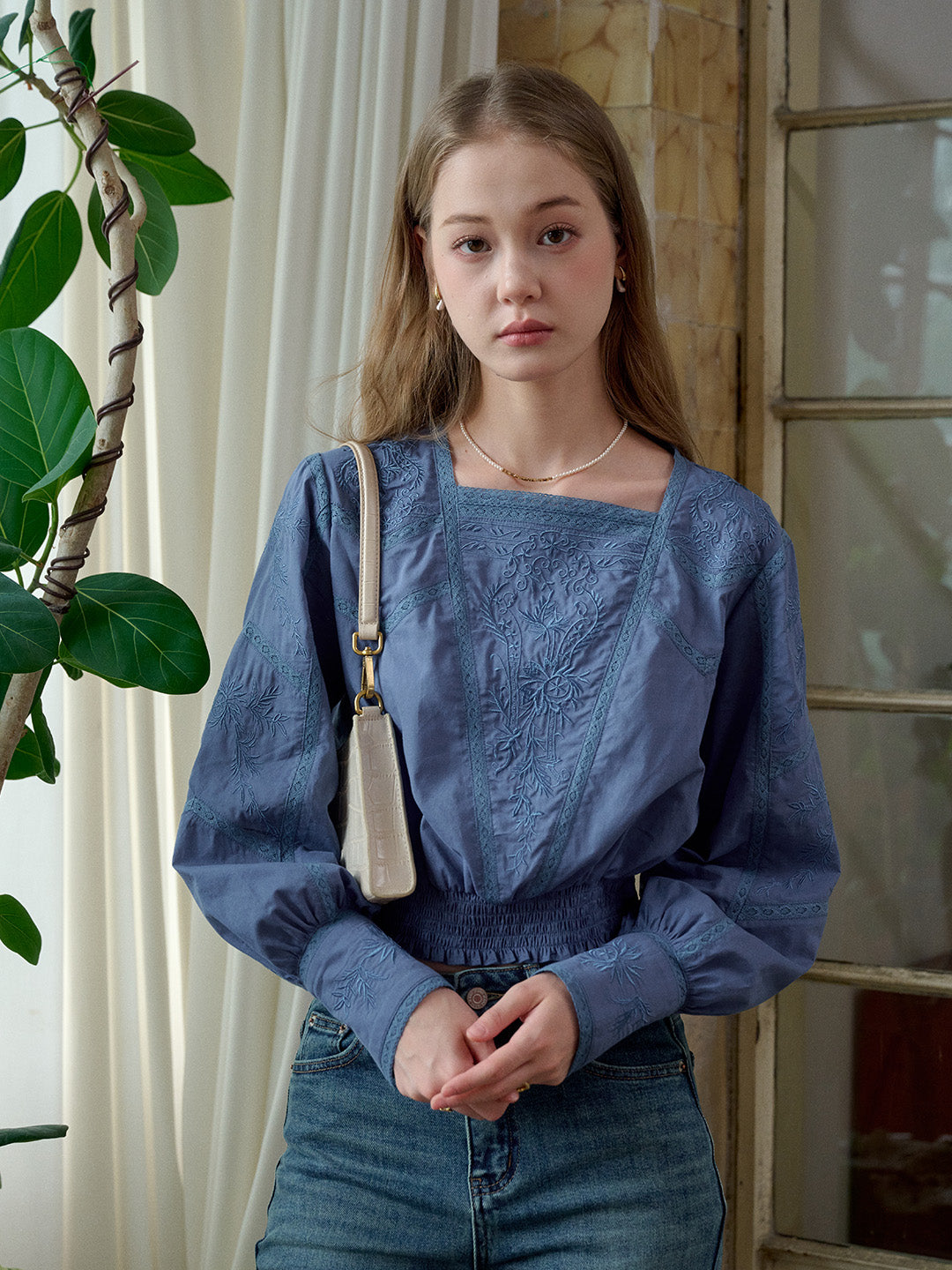 Oakley Square Neck Jacquard Lace Blue Blouse