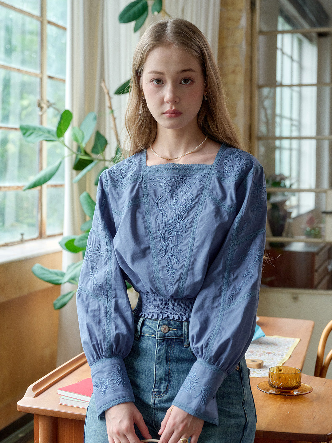 Oakley Square Neck Jacquard Lace Blue Blouse