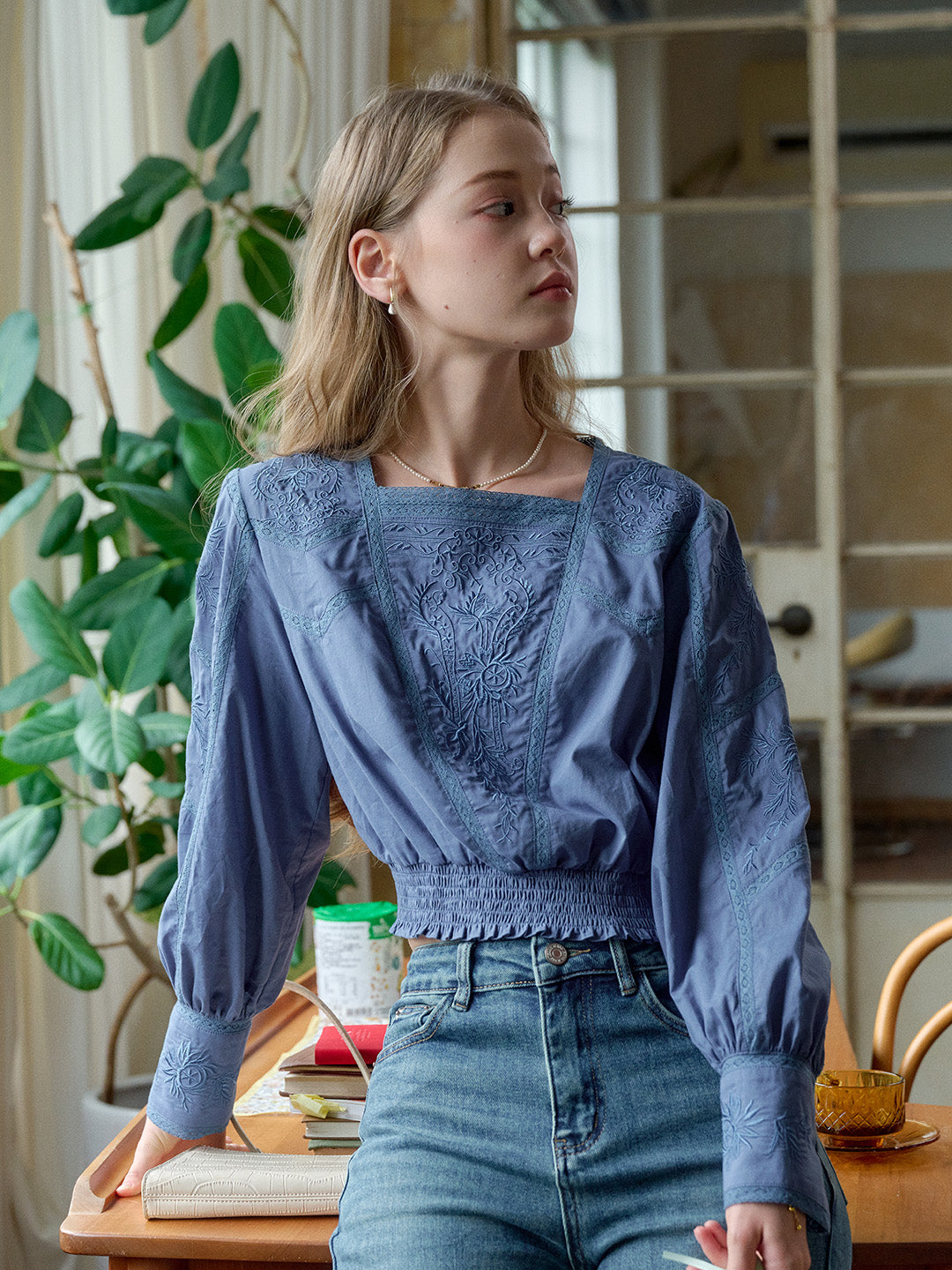 Oakley Square Neck Jacquard Lace Blue Blouse