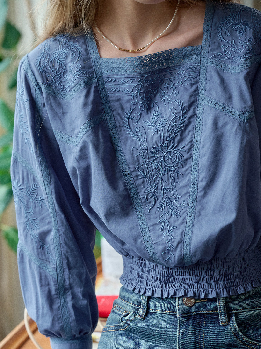 Oakley Square Neck Jacquard Lace Blue Blouse