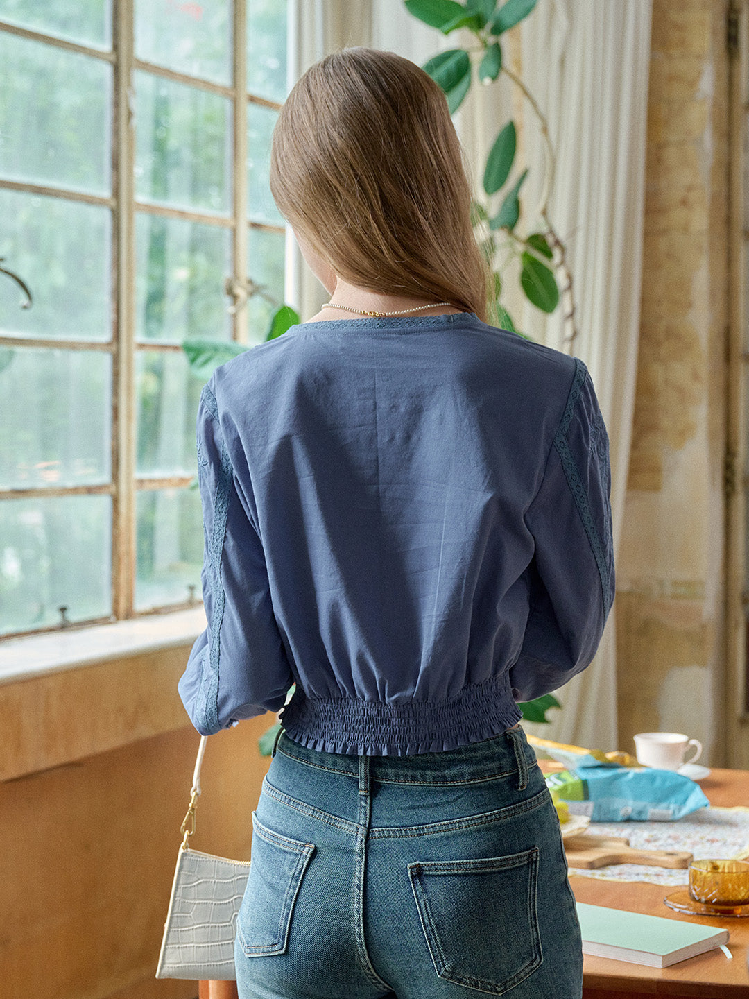 Oakley Square Neck Jacquard Lace Blue Blouse