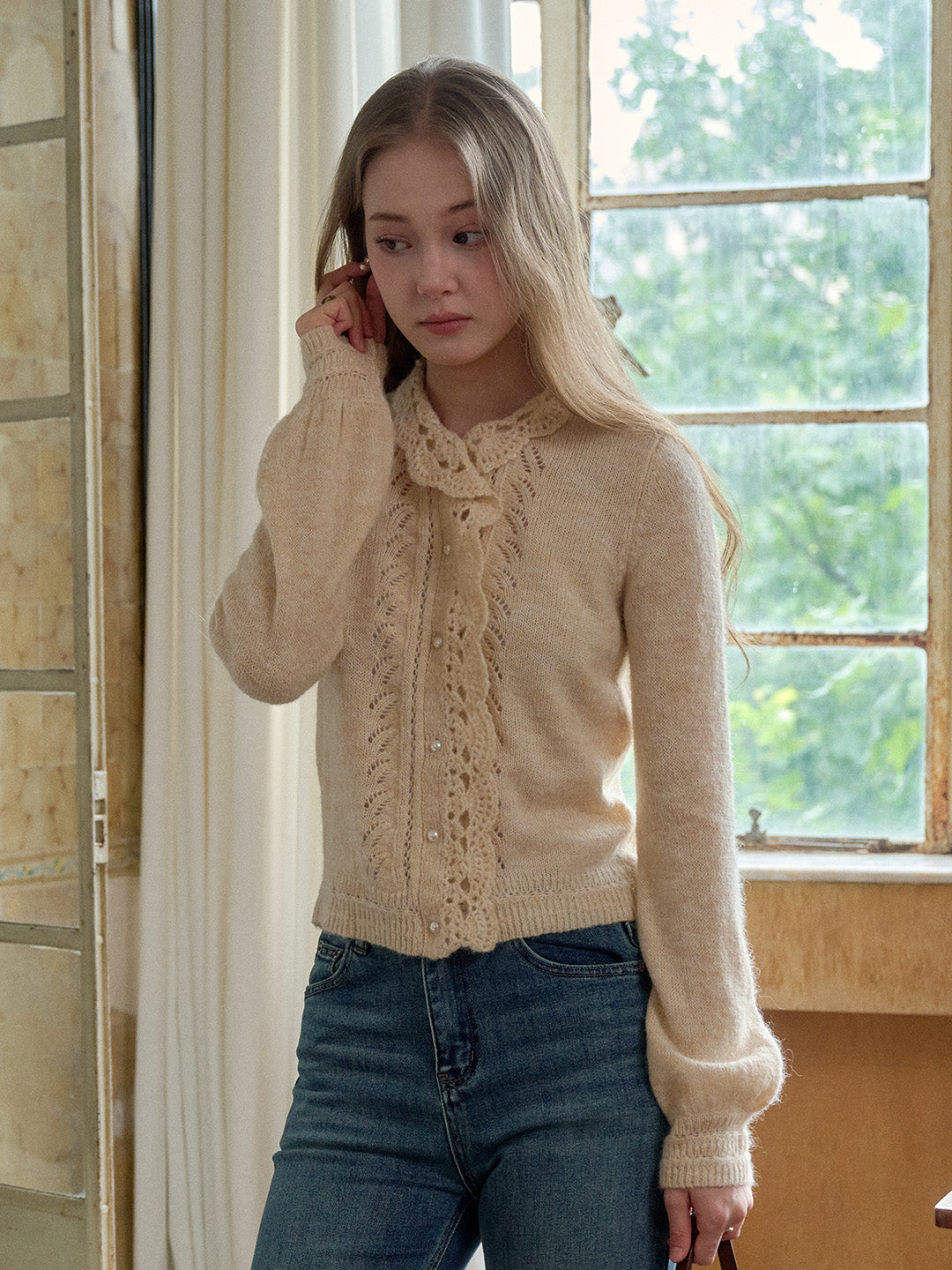 Lauren Wavy Collar Hollow Knit Cardigan