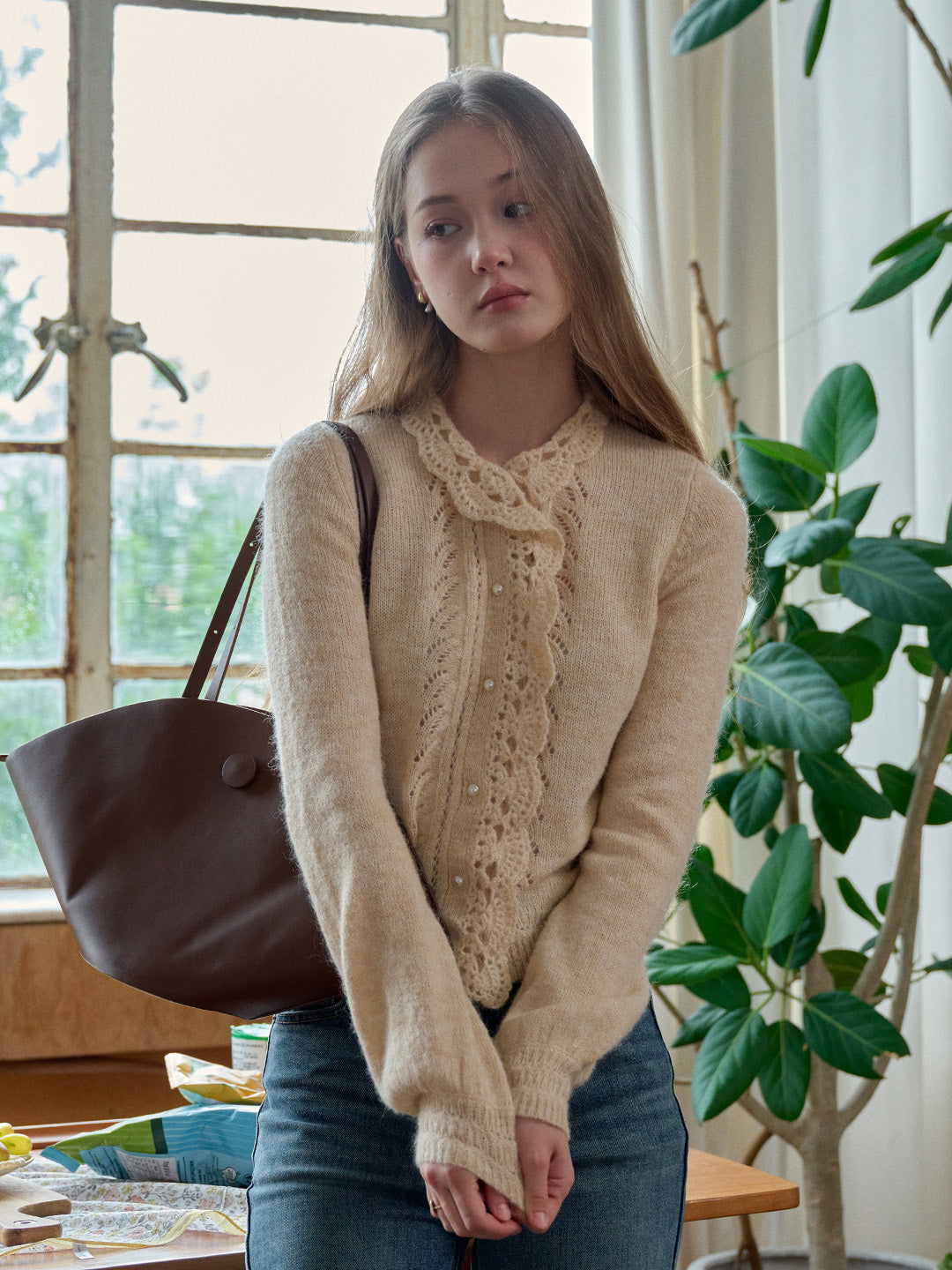Lauren Wavy Collar Hollow Knit Cardigan